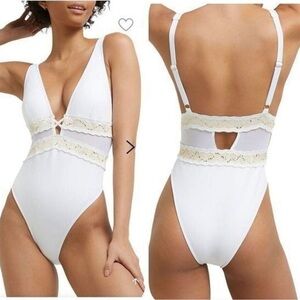 RIVER ISLAND White/Gold Embellished Cutout Swimsuit Size 8